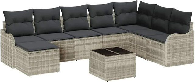 vidaXL Garten-Sofa-Set aus Poly Rattan in Hellgrau mit 9 Teilen und Kissen - Bild 1