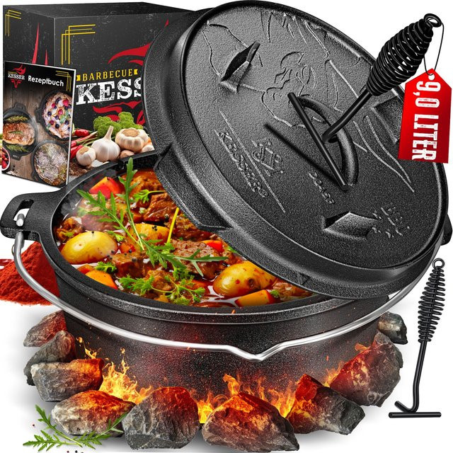 KESSER Dutch Oven Set BBQ Feuertopf aus Gusseisen mit Deckelheber und Schlitz für Thermometer, Schmortopf und Gulaschkessel für Outdoor und Indoor - Bild 1