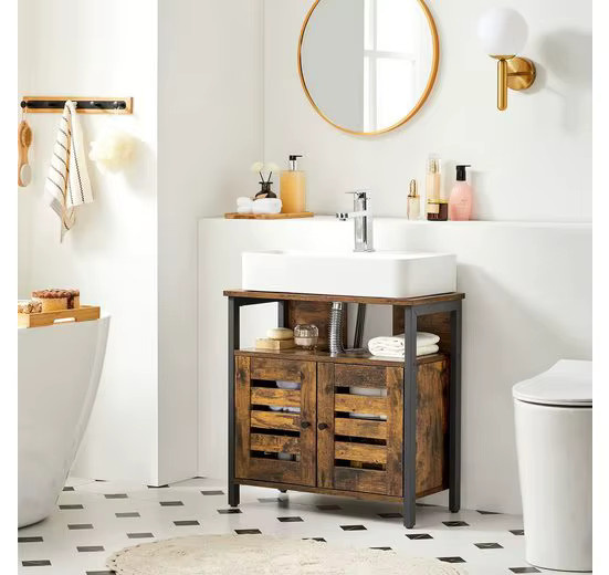 VASAGLE Waschbeckenunterschrank Badezimmerschrank im Industrial Design mit Stahlrahmen und Jalousientüren in Braun und Schwarz - Bild 2