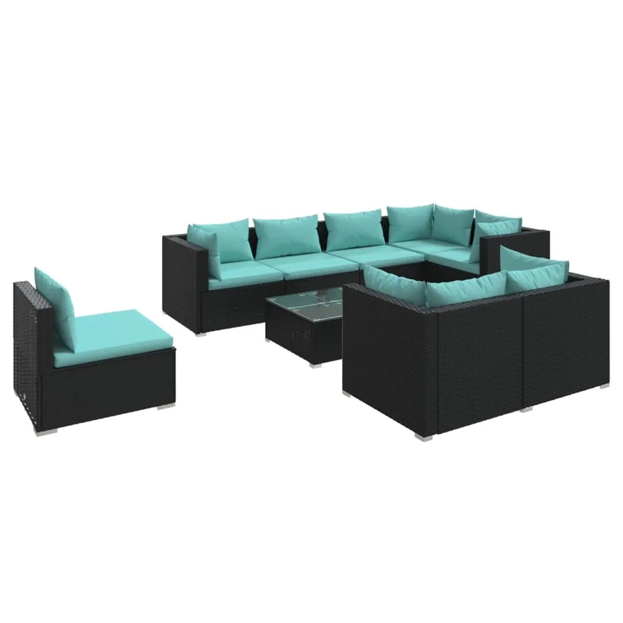vidaXL 9-tlg Garten-Lounge-Set in U-Form aus Poly-Rattan und pulverbeschichtetem Stahl in Schwarz mit blauen Kissen - Bild 2