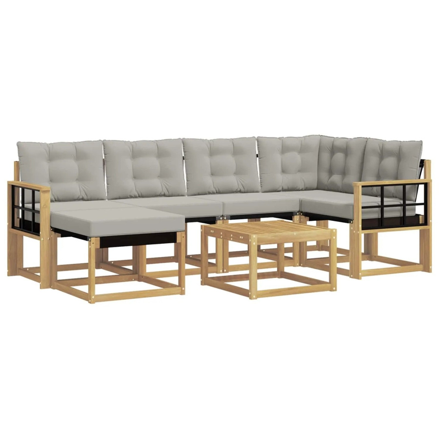 vidaXL Outdoor-Sofagarnitur 7-teilig in L-Form aus Akazienholz und Textilene mit Kissen in Weiß und Hellgrau - Bild 2