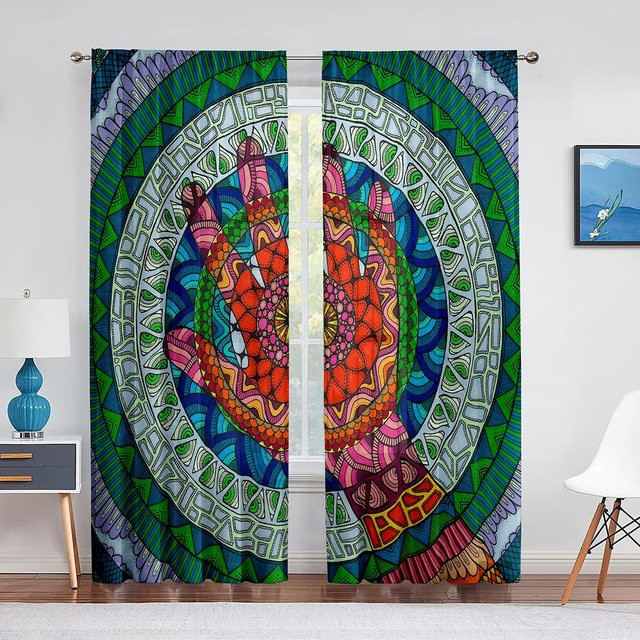 Super Six Mandala Boho Chiffon-Vorhang in Grün und Blau mit Ösen, B/H: 300 x 250 cm - Bild 1