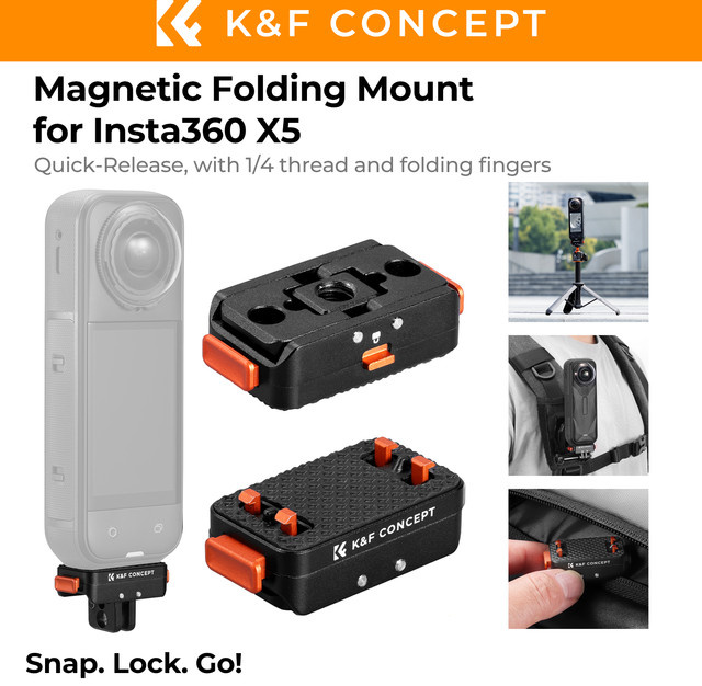 K&F CONCEPT Faltbare magnetische Schnellwechsel-Adapterhalterung aus Aluminium für Insta360 X5, X4 und Ace Pro 2, Schwarz, mit 1/4-Zoll-Gewindeanschluss - Bild 1