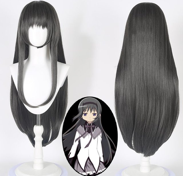 Anime Homura Akemi Perücke, Synthetisch, Lange Gerade, Dunkelgrau, Unisex - Bild 1