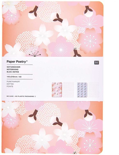 Rico Design Paper Poetry Notizbücher Kirschblüten A5 gepunktet, 2 Stück, orange-blau-mehrfarbig - Bild 1