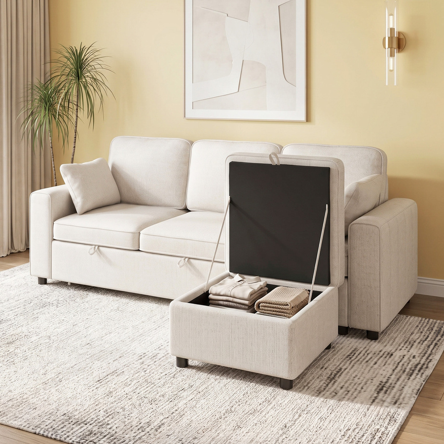 Aosom Eck-Schlafsofa aus Chenille in Beige, Modulares 3-Sitzer-Schlafsofa mit Aufbewahrungs-Pouf und Kissen, Reversibles L-Shape Design mit Taschenfederkern, Breite: 225 cm - Bild 2