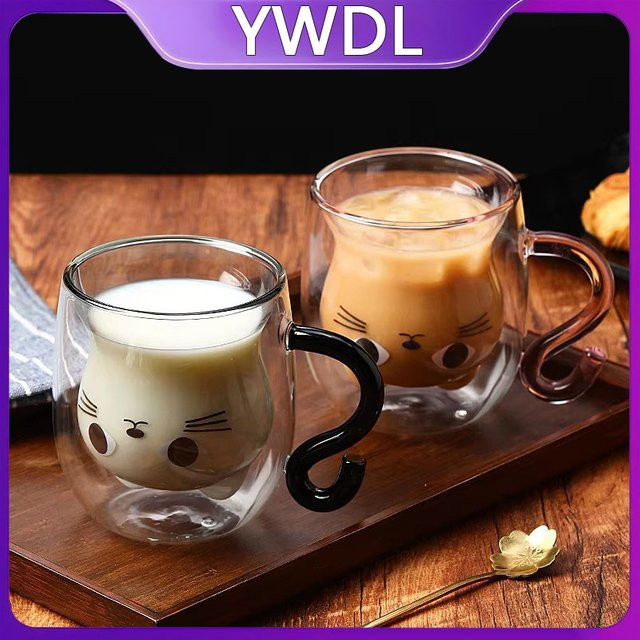 YWDL Doppelwandige Kaffeetasse mit Cartoon-Katzen-Design, transparent, 250 ml - Bild 1