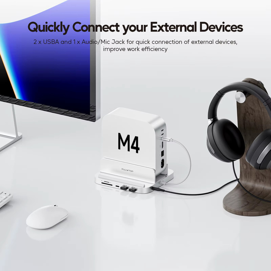 PULWTOP Mac Mini M4 Hub-Ständer mit 4TB SSD-Gehäuse in Silber mit USB-A, USB-C 3.2, Audio-Mikrofon und SD/TF-Kartenslot - Bild 2