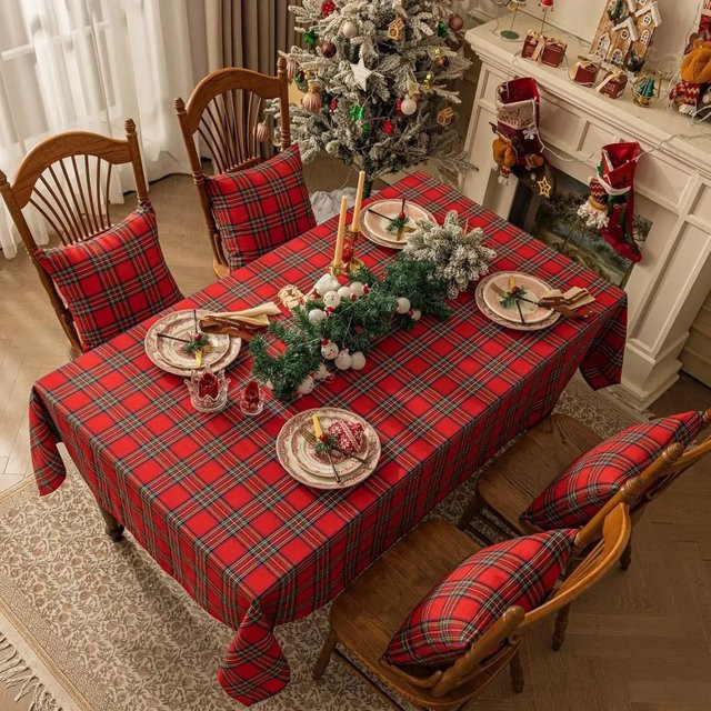 VIKAMA Weihnachtstischdecke mit rot kariertem Muster aus Leinen für Party und Küche - Bild 1