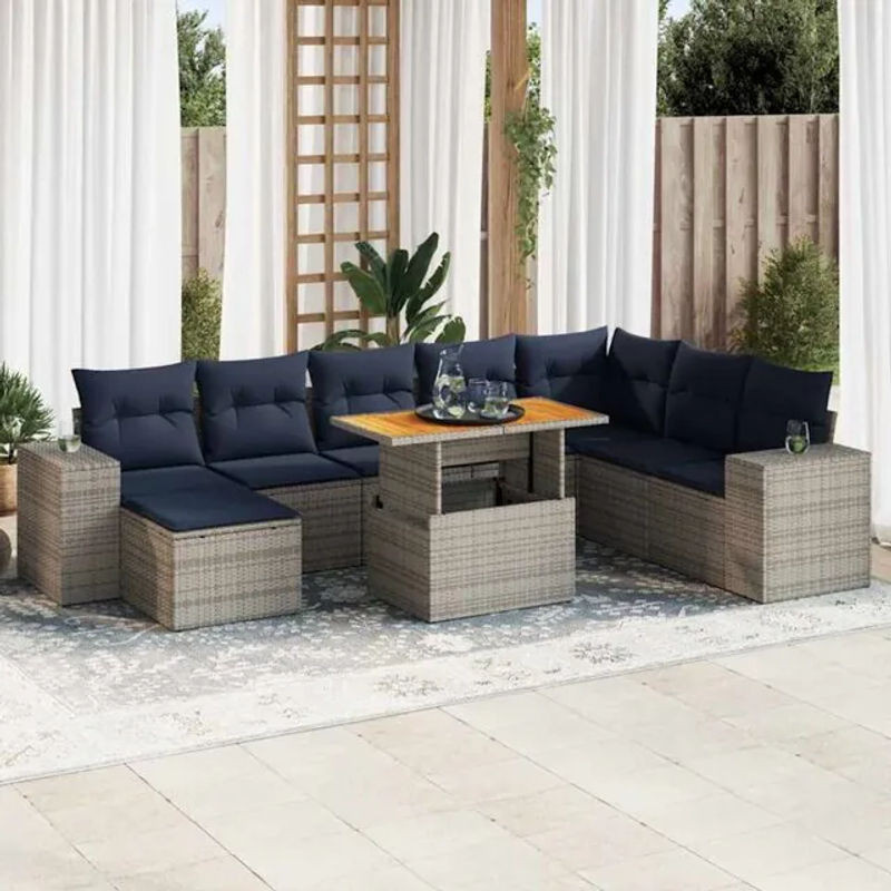 9-teilige moderne Garten-Sofagarnitur mit Kissen aus grauem Poly-Rattan von vidaxl - Bild 1