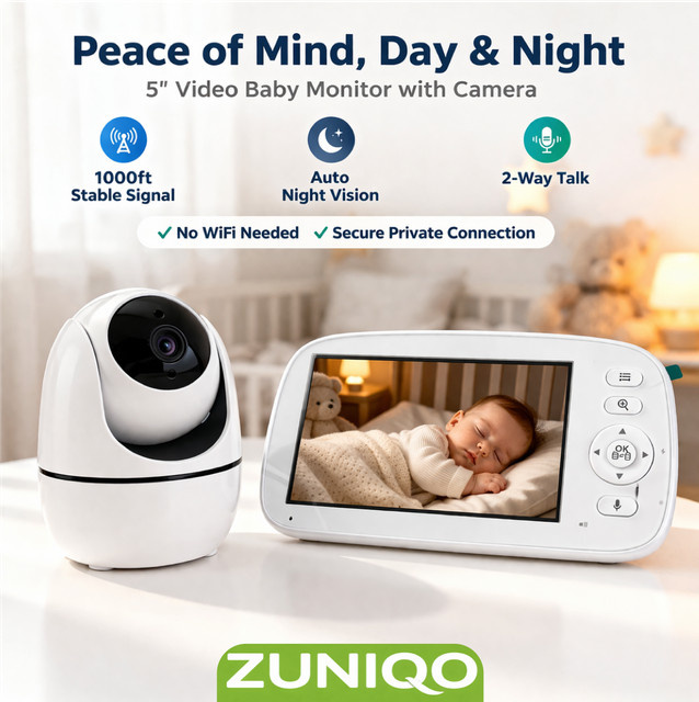ZUNIQO Babyphone mit 5 Zoll Videomonitor ohne WLAN in Weiß mit Kamera, Nachtsicht, 2-Wege-Kommunikation und 48 Stunden Akkulaufzeit - Bild 1