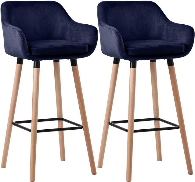 CLP Barhocker 2er Set Grant gepolstert mit Lehne aus Samt und Holzgestell in Blau - Bild 1