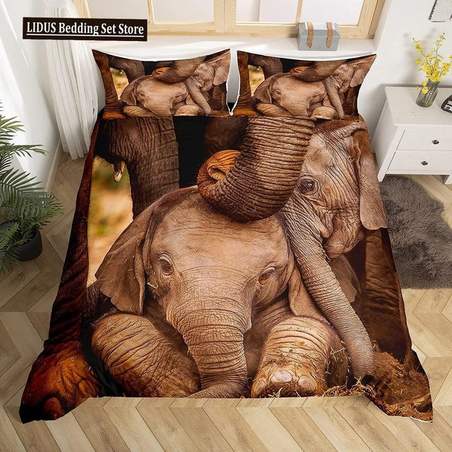 3D-Bettwäsche-Set mit Elefantenmotiv in Braun, Queen-Size Microfaser-Bettbezug mit Kissenbezügen, B/H: 200 x 200 cm - Bild 1