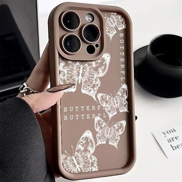 Ästhetische Schmetterling und Mond Handyhülle aus Flüssigsilikon für Apple iPhone Modelle in Braun - Bild 1