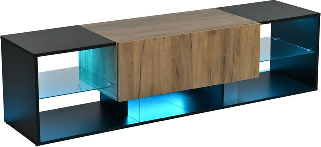 okwish TV Schrank mit Glas Schubladen und integrierter Beleuchtung in Schwarz, B/T/H: 160 x 40 x 42 cm - Bild 1