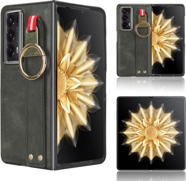Leder-Schutzhülle für Honor Magic V2 mit Armband, faltbarem Ständer und Ring-Öffner in Grau - Bild 1