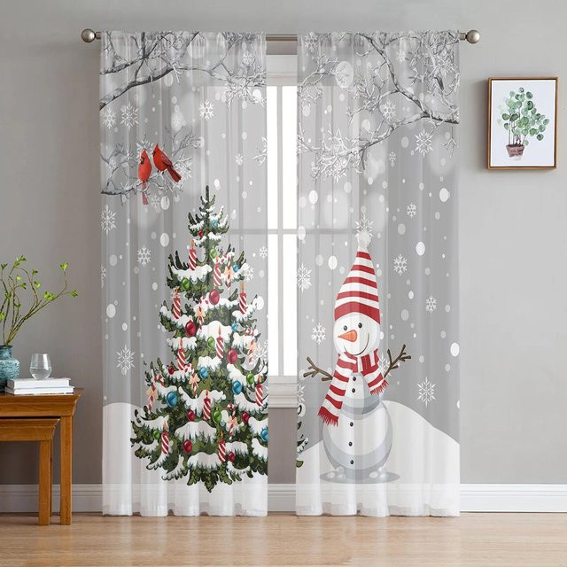 Transparente Tüll-Voile-Vorhänge mit Weihnachtsbaum, Schneemann und Schneeflocken in Grau, Breite: 135 cm, Höhe: 115 cm - Bild 1