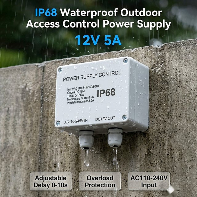 WITSNK IP68 Wasserdichte Stromversorgung für die Zugangskontrolle im Freien, 12 V, 5 A, mit einstellbarem Verzögerungstimer und Überlastschutz, Weiß - Bild 1