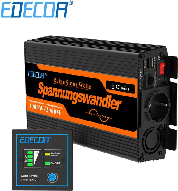 EDECOA Reiner Sinus-Wechselrichter 1000W DC 12V zu AC 220V 230V Netzunabhängiger Konverter in Schwarz - Bild 1