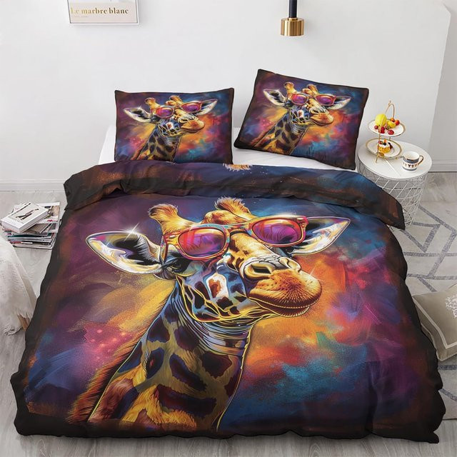 Flylo Bettwäsche-Set mit Giraffen-Motiv, 3-teilig, Mikrofaser, Bunte Tiere Graffiti Design, Farbe: Mehrfarbig, B/H: 260 x 240 cm - Bild 1