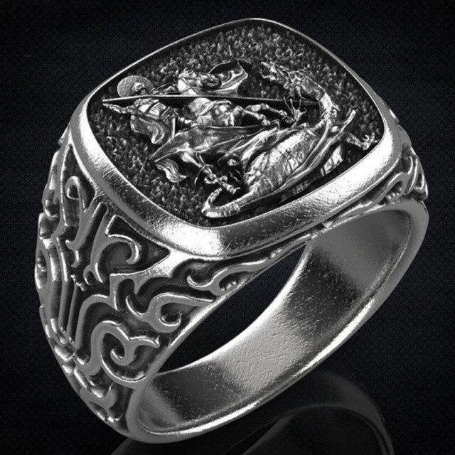 Ring Edelstahl, Schwarz Silber, Drachentöter Totem, Herren - Bild 1