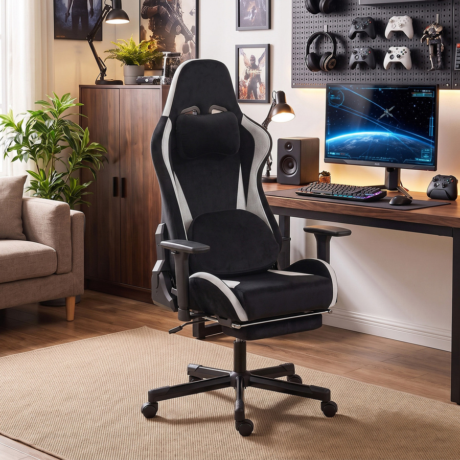 HOMCOM Gaming Stuhl in Schwarz mit Knetmassage, Wärmefunktion, 4D-Armlehnen und Fußstütze, ergonomischer Gamer Stuhl aus Stoff in Leinenoptik für Home Office und Sport, Belastbarkeit bis 120 kg - Bild 2