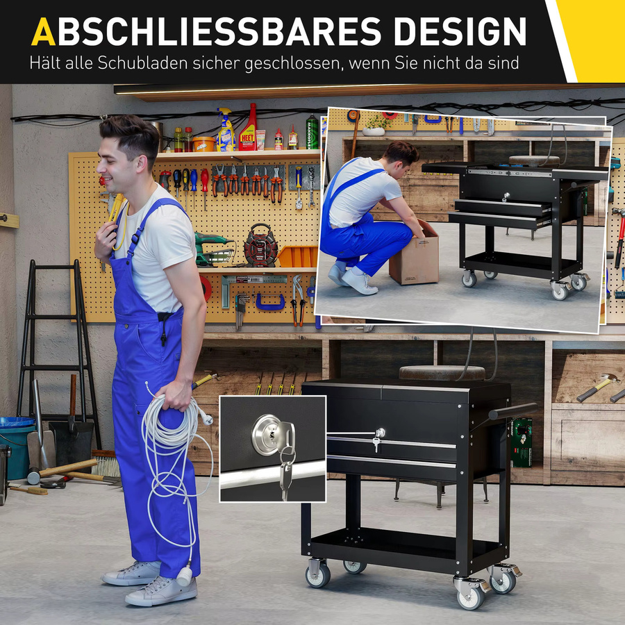 HOMCOM Werkstattwagen aus Stahl mit 2 Schubladen und Schiebedeckel in Schwarz, abschließbarer Werkzeugwagen mit Ablage und EVA-Matten, B/T/H: 130 x 80 x 38 cm - Bild 6