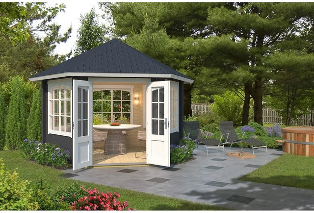 Lasita Maja Pavilion in Anthrazit und Grau mit Boden und Fenster, B: 350 cm, T: 303,1 cm - Bild 1