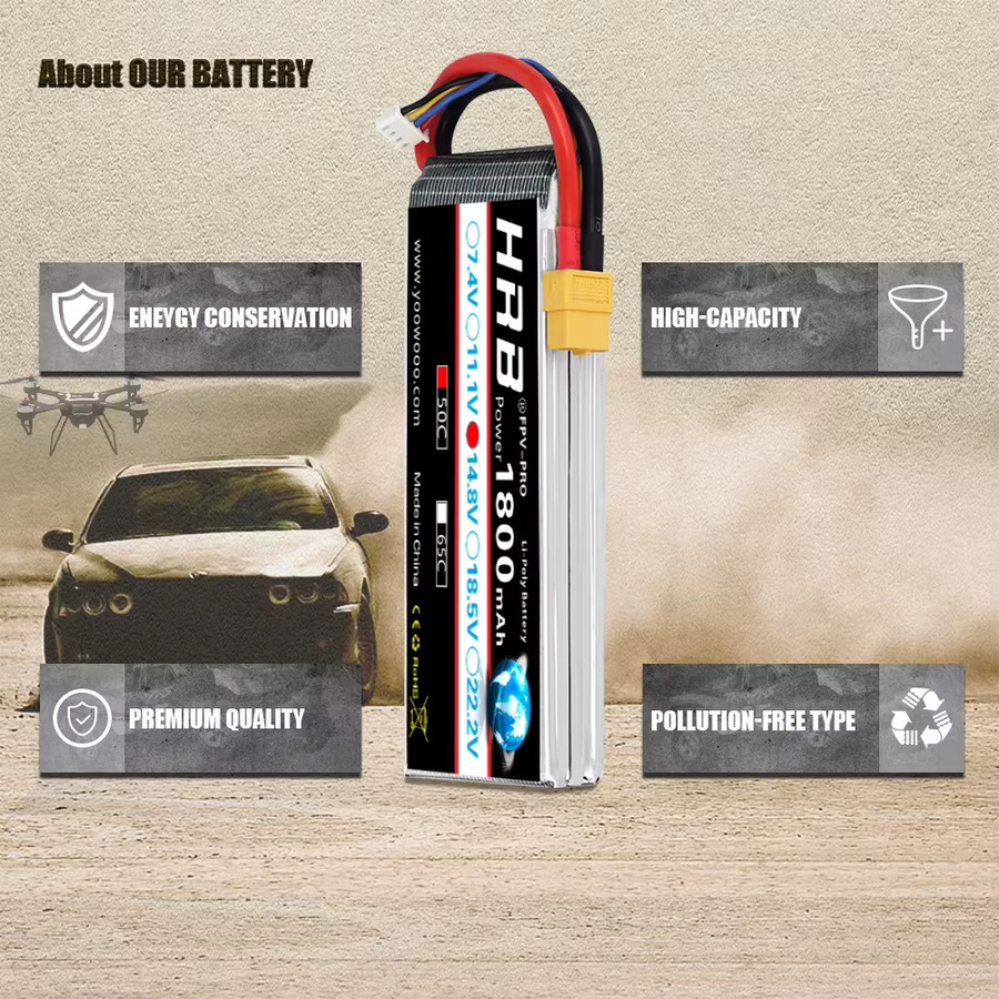 HRB Li-Ion Pack Lipo Batterie 14,8 V 1800 mAh 50C Schwarz für RC Quadcopter Hubschrauber Boot Auto Flugzeug - Bild 3
