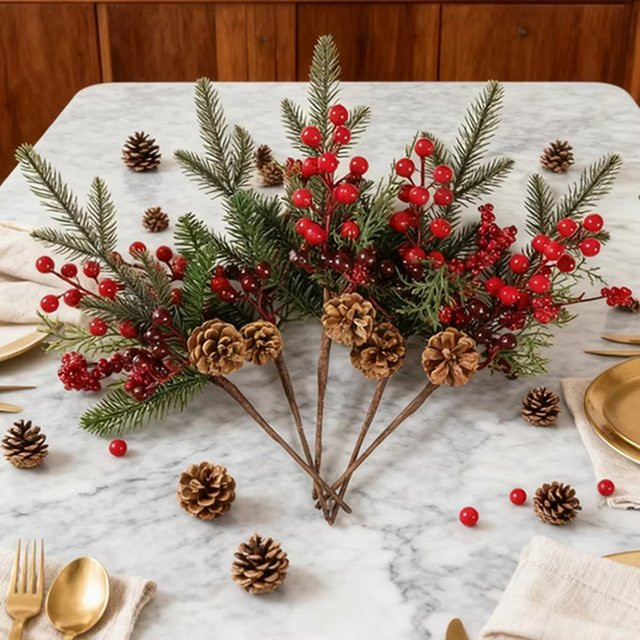 Künstliche Pflanzen mit roten Früchten als dekorative Zweige für Weihnachten, Silvester und Hochzeiten, ideal für Tischdekoration, Garten und Wohnzimmer - Bild 1