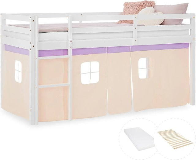 Homestyle4u Kinder Hochbett aus Kiefernholz mit Matratze und Vorhang, Farben: Lila, Orange, Weiß und Mehrfarbig, B/T/H: 90 x 200 x 165 cm - Bild 1