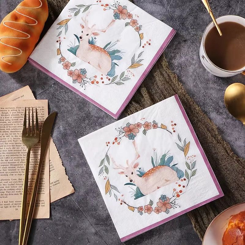 GUANYAO Bunte Servietten mit Pflaumen- und Hirsch-Print aus reinem Holzzellstoff, 20 Stück pro Paket, Multicolor - Bild 3