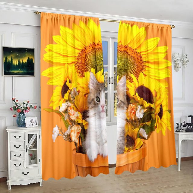 Yiran Furniture Sonnenblumen Vorhang Set aus Polyester in Gelb, 2er Pack Sichtschutz mit Blumenmuster - Bild 1