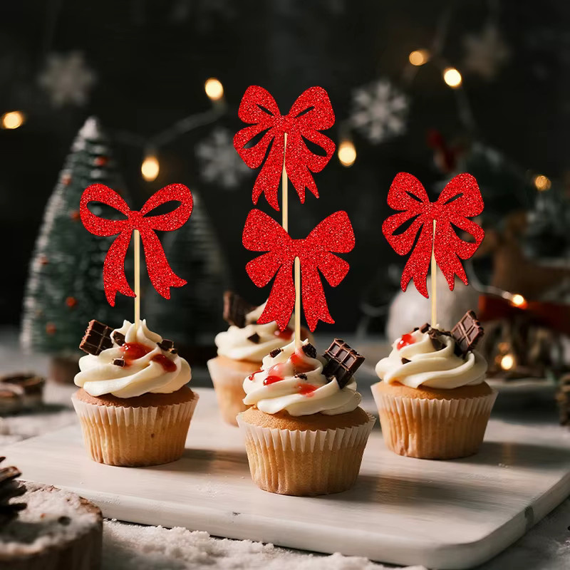 YOMDID 24 Stück Cupcake-Topper mit roten Schleifen als Weihnachts-Kuchendekoration und Partyzubehör - Bild 2