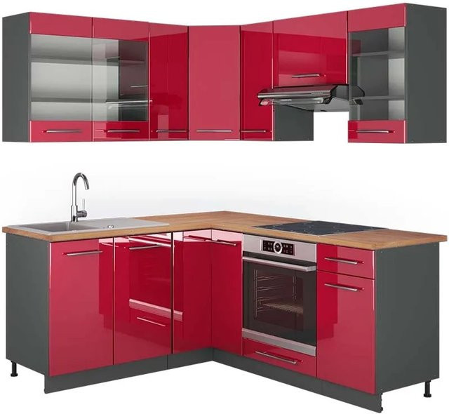 Vicco Fame-Line Eckküche in Bordeaux Hochglanz und Anthrazit mit Eichen-Optik, Breite: 160 cm, Tiefe: 190 cm - Bild 1