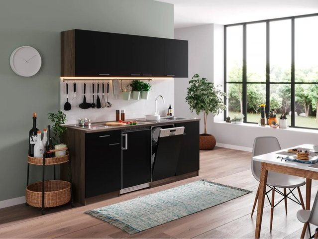 Respekta Küchenzeile KB195EYSC in Schwarz und Eiche York Nachbildung mit Glaskeramikkochfeld, Breite: 195 cm, Höhe: 200 cm, Tiefe: 60 cm - Bild 2