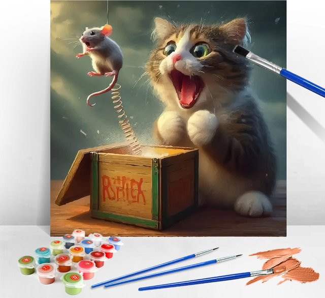 Evershine Malen nach Zahlen Set Katze und Maus für Erwachsene mit Leinwand als Wanddekoration in Mehrfarbig - Bild 1
