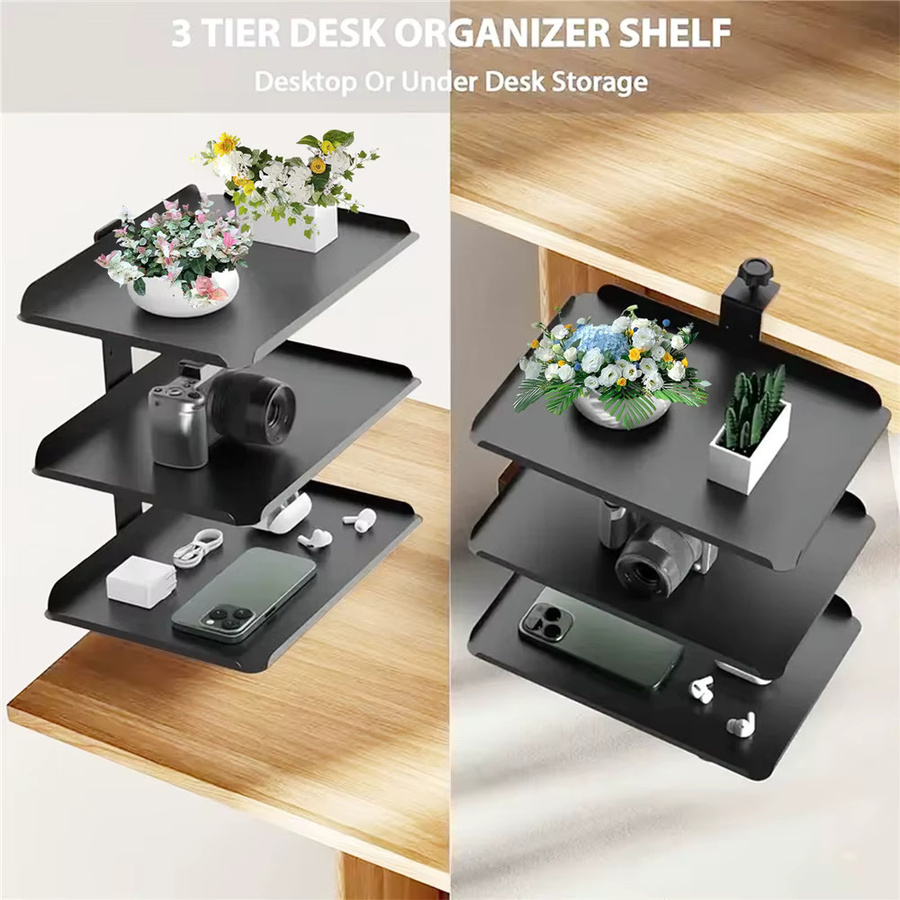 HGTUGO 3-lagiges Schreibtisch-Aufbewahrungsregal aus Metall in Schwarz zum Anklemmen mit verstellbarem Seitenregal und rutschfester Ablage - Bild 6