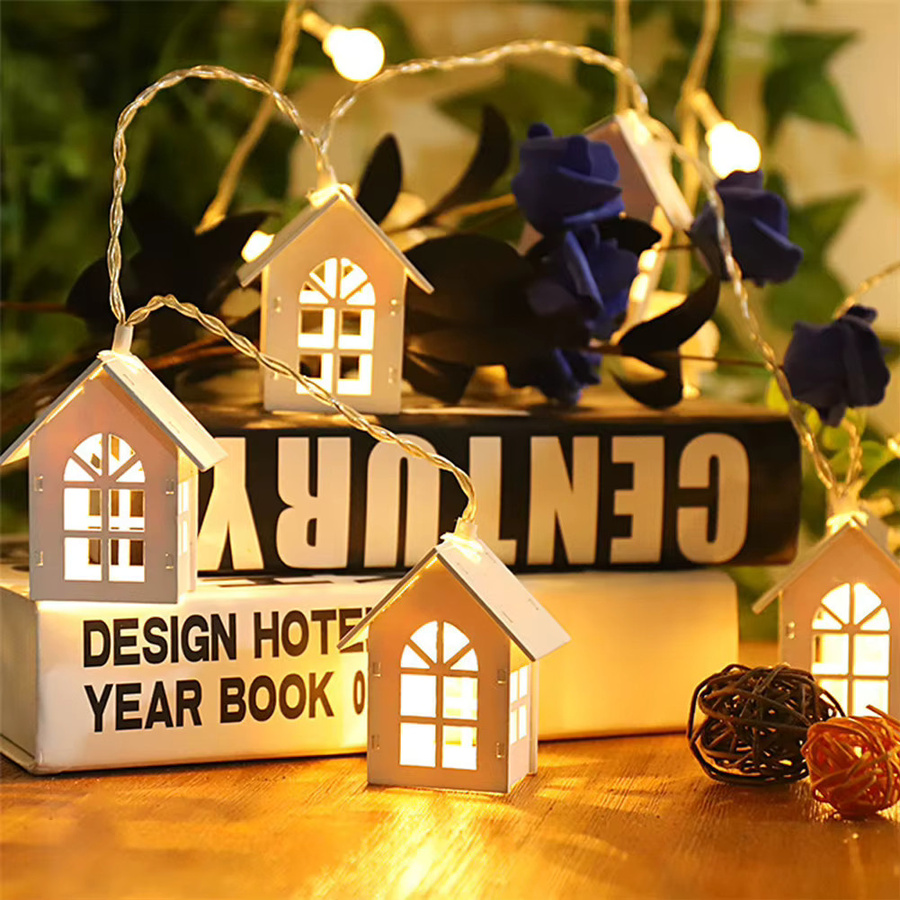 Holzhaus-Feen-Lichterkette mit 10 warmweißen LED-Laternen, 2 m Länge, weißes Holzdesign für Dekorationen zu Weihnachten, Hochzeiten oder Partys - Bild 3
