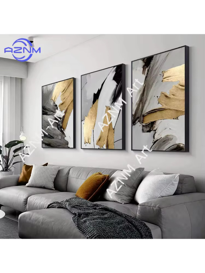 AZNM Abstrakte Leinwandbilder Set Grau-Gold Modernes Wandgemälde für Wohnzimmer und Büro - Bild 3