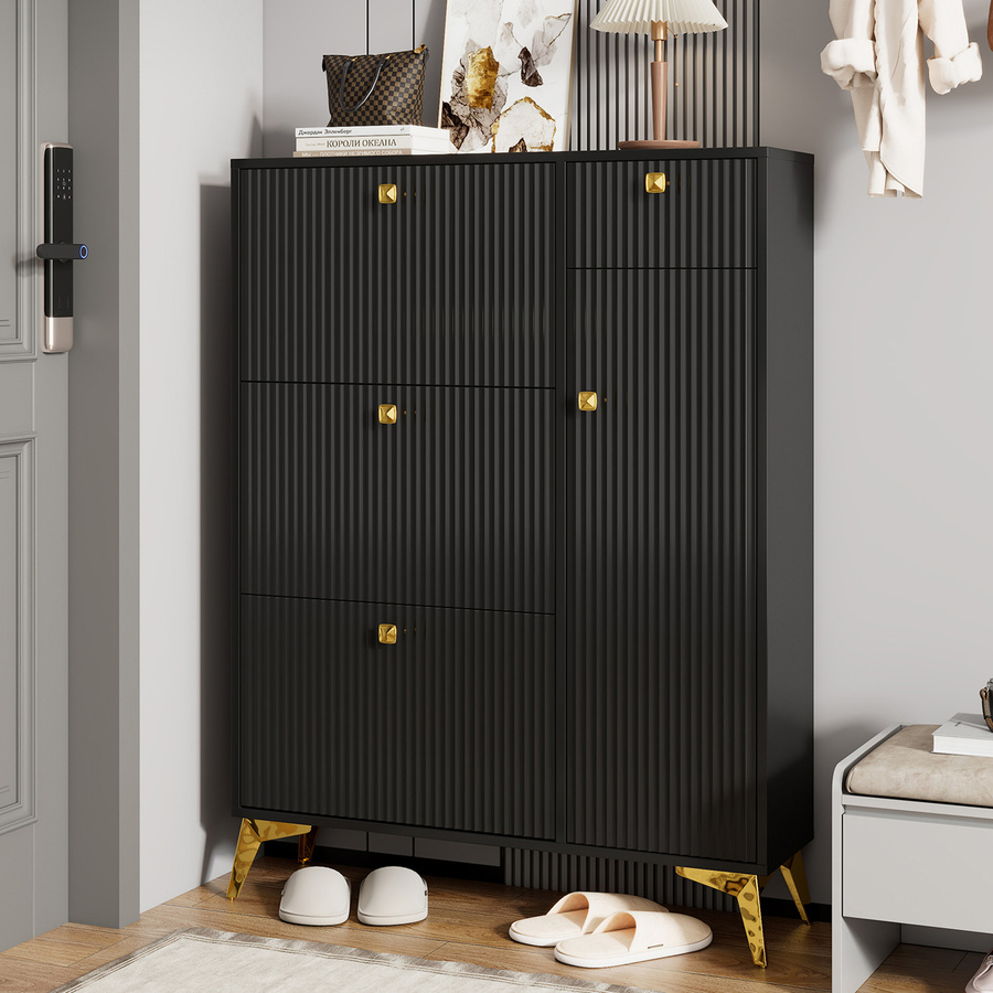 Schuhschrank RN Store mit 3 Klappen in Schwarz, moderner Schuhkipper mit Wellenoptik, B/T/H: 90 x 25 x 121 cm - Bild 2