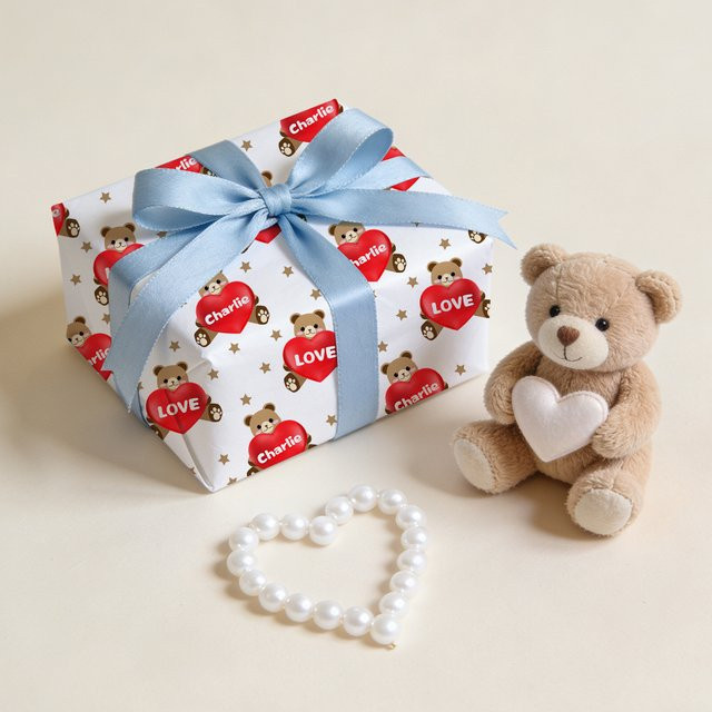 WEIGAO Geschenkverpackungspapier mit rotem Herz und Bärenmotiv in Rot und Weiß für Valentinstag, Geburtstage und Jubiläen - Bild 1
