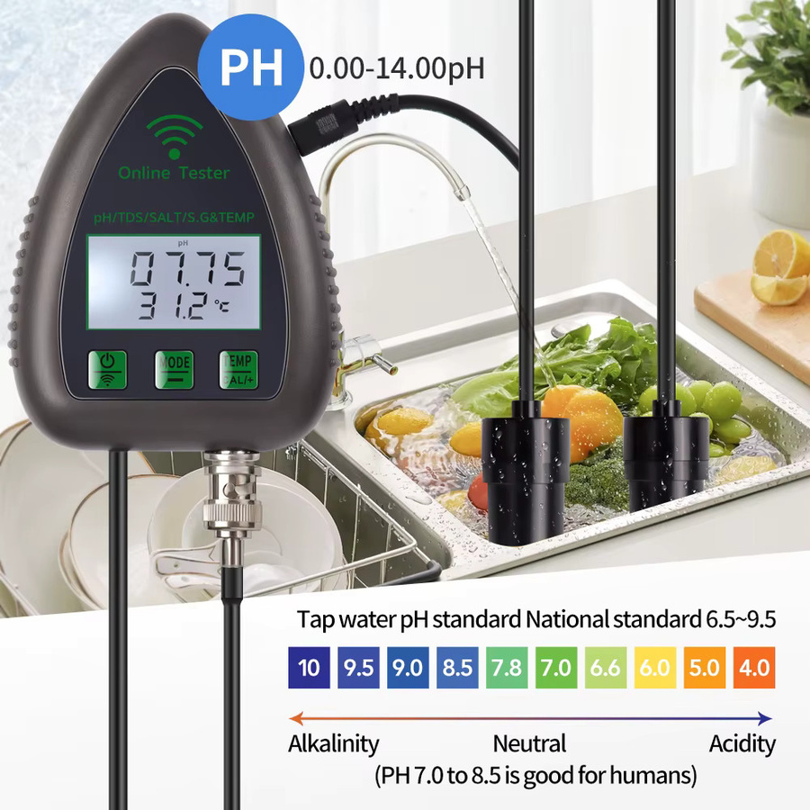 JUANJUAN 5-in-1 Digitaler Wasserqualitätsmonitor mit Tuya WiFi und Bluetooth App zur Messung von TDS, EC, Salz, S.G., Temperatur und pH-Wert in Schwarz - Bild 3