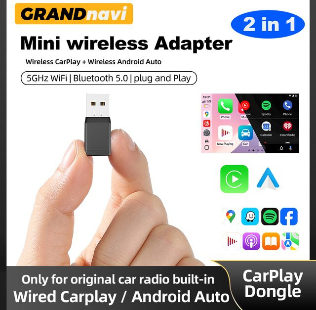 Grandnavi 2in1 Mini Kabelloser CarPlay und Android Auto Adapter, USB Dongle für Audi, Toyota, VW, Peugeot, MG und Ford, Schwarz - Bild 1
