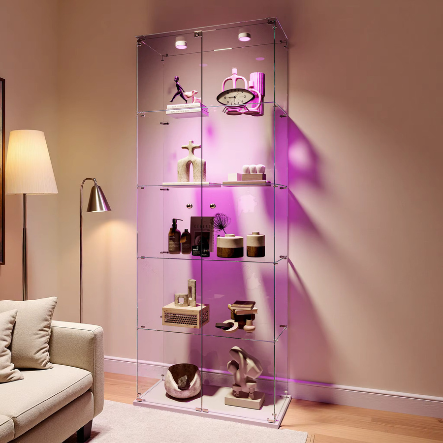 Lazyspace 5-stöckige Glasvitrine in Schwarz mit LED-Beleuchtung und 2 Glastüren für Wohnzimmer und Büro - Bild 2