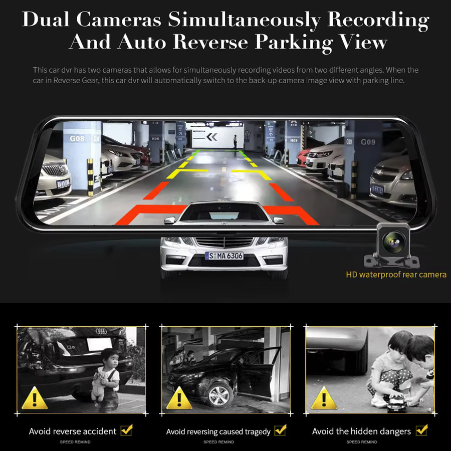 Hgdo Dash Cam mit Wi-Fi und Rückfahrkamera, 10 Zoll Spiegel Rückspiegel Dashcam, FHD 1080p Video Recorder mit Nachtsicht, Schwarz - Bild 2