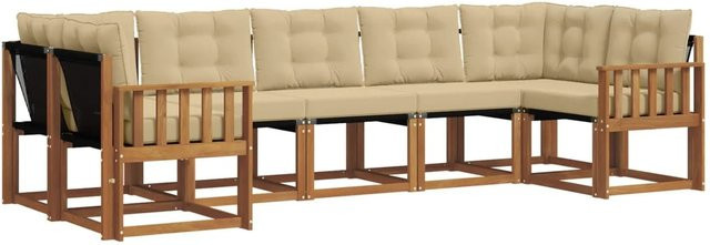 vidaXL Outdoor-Sofagarnitur 7-teilig aus Akazienholz und Textilene in Natur-Beige mit Kissen und Armlehnen - Bild 1