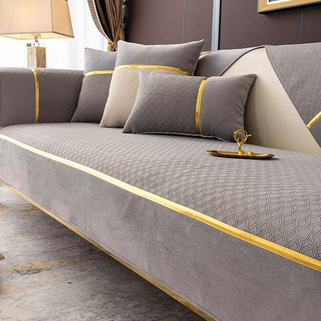 Luxus-Sofakissen aus Chenille mit Goldrand in Grau, rutschfester L-Typ-Couchbezug für alle vier Jahreszeiten, Breite: 70 cm, Höhe: 70 cm - Bild 1