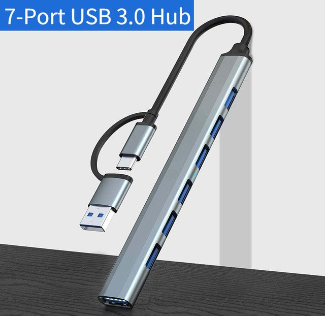 DIXSG USB-C Hub mit 7 Ports USB 3.0 High Speed OTG Adapter Docking Station in Silber für Laptop und PC - Bild 1