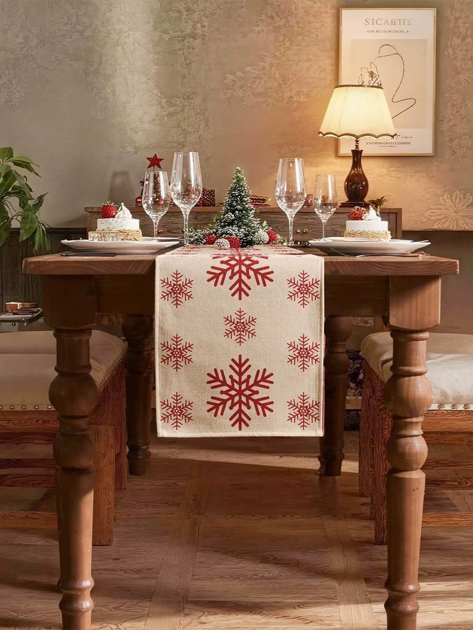 JIT Weihnachts-Tischläufer aus Leinen in Rot mit Schneeflockenmuster zur Tischdekoration - Bild 2